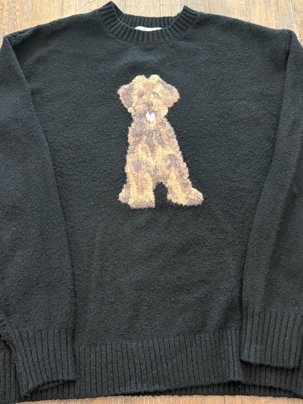 No Boundaries Black Crewneck Sweater with Brown Dog Graphic Size XS runs big